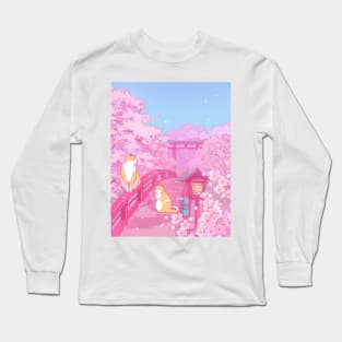 The Japanese  shrine, cute cats, and pink sakura blossom Long Sleeve T-Shirt